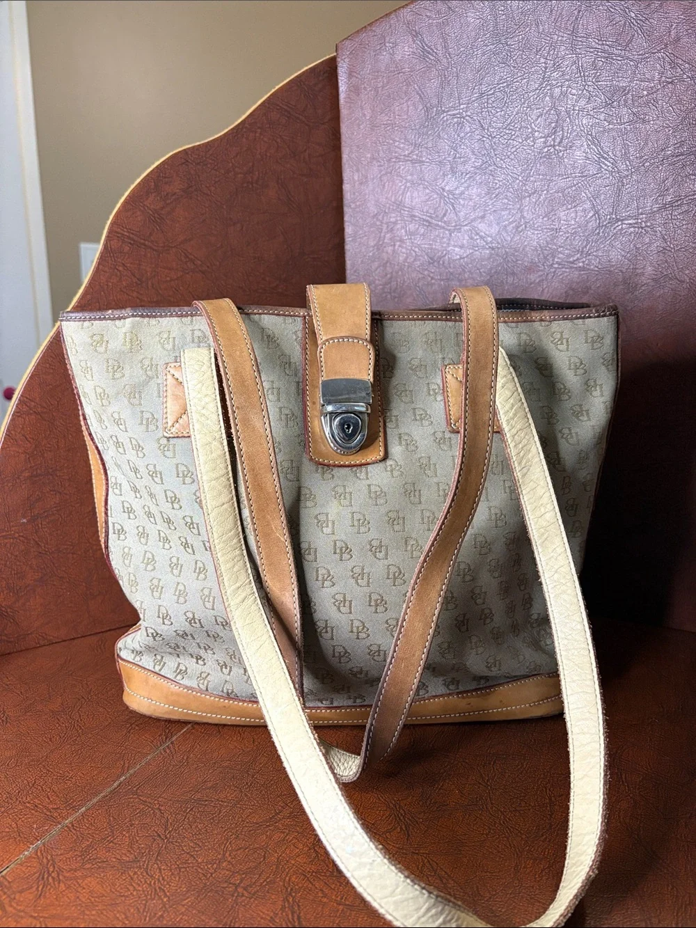 Vtg. Dooney Beige & Tan Monogram Bag